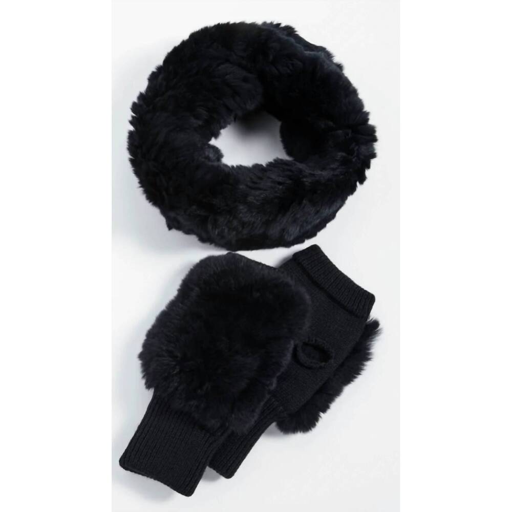 NEW JOCELYN dyed rex rabbit cowl & mitten set in black